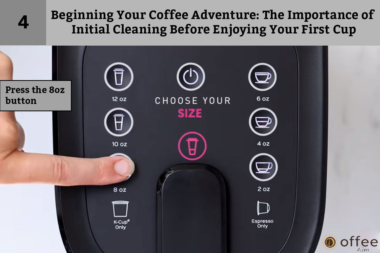 This image provides instructions to "Press the 8oz button" as part of the process outlined in "Beginning Your Coffee Adventure: How to Connect Nespresso Vertuo Creatista Machine."