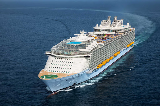   An aerial view of Symphony of the Seas off the coast of Barcelona shortly after its launch in spring 2018. 