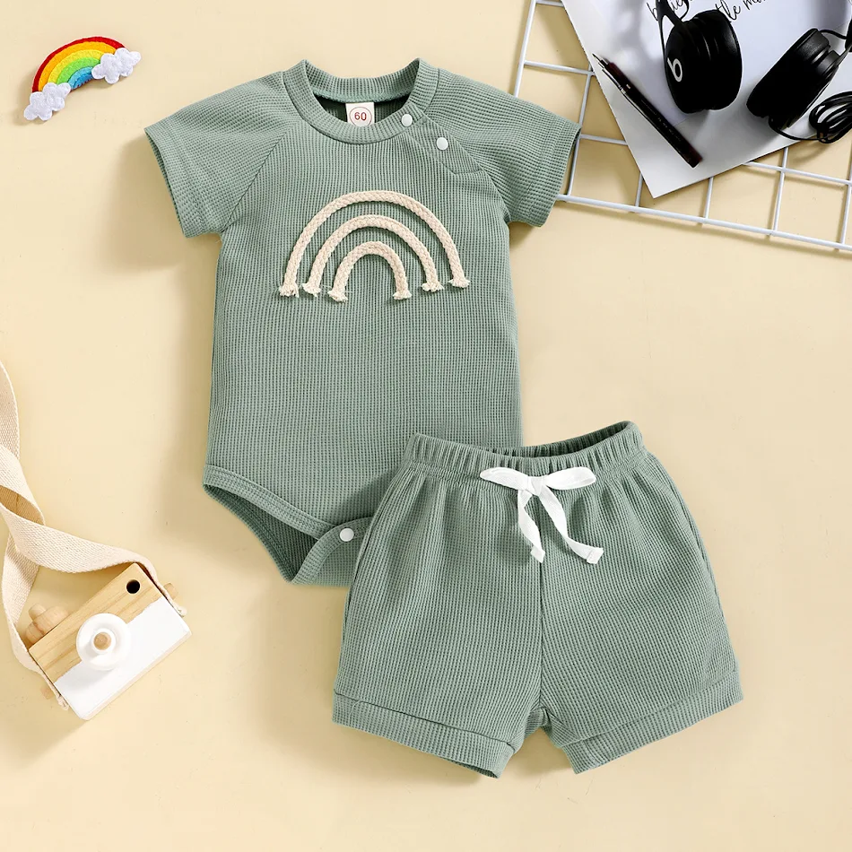Conjunto para bebé con body y shorts de gofre arcoíris, cuatro colores, botones laterales, manga corta, suave y cómodo.