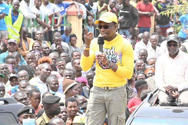 Foreign Affairs CAS Ababu Namwamba speaking during the Kenya Kwanza rally in Busia county on Monday February 7, 2022.