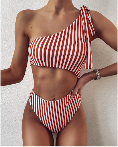Title 2, Striped cut-out one-shoulder one-piece swimsuit...