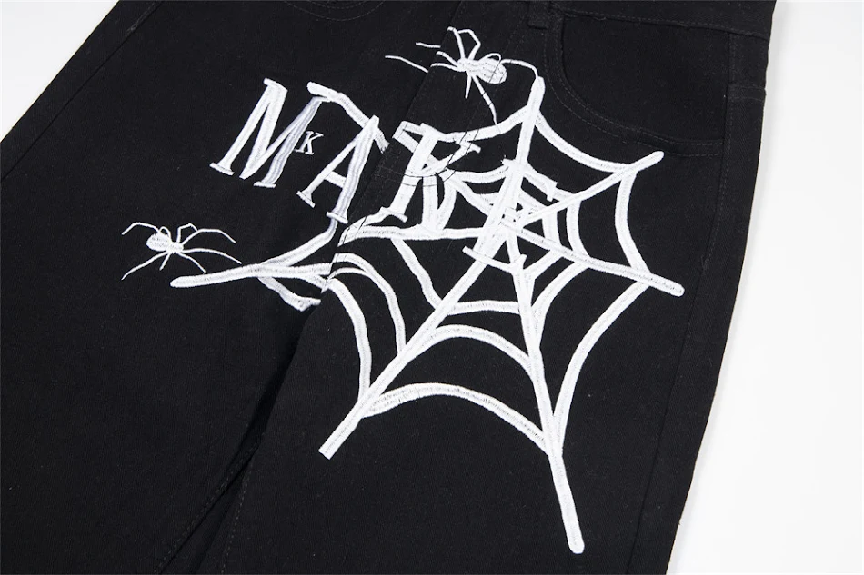 Spiderweb geborduurde denim broek voor heren, unieke stijl, comfortabele pasvorm, ideaal voor een moderne en gedurfde look, duurzaam en modieus.