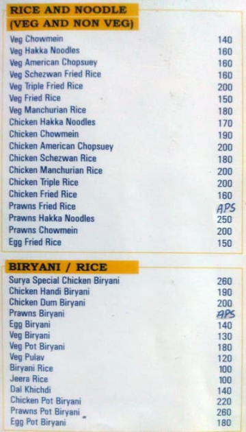 Surya Family Restaurant menu 