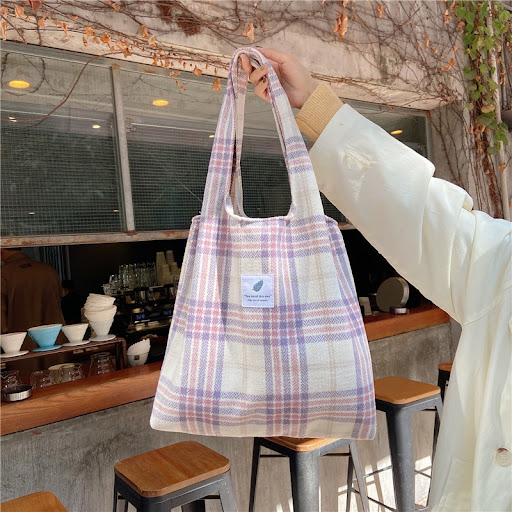 Title 3, Cute student school bag, contrasting check canv...