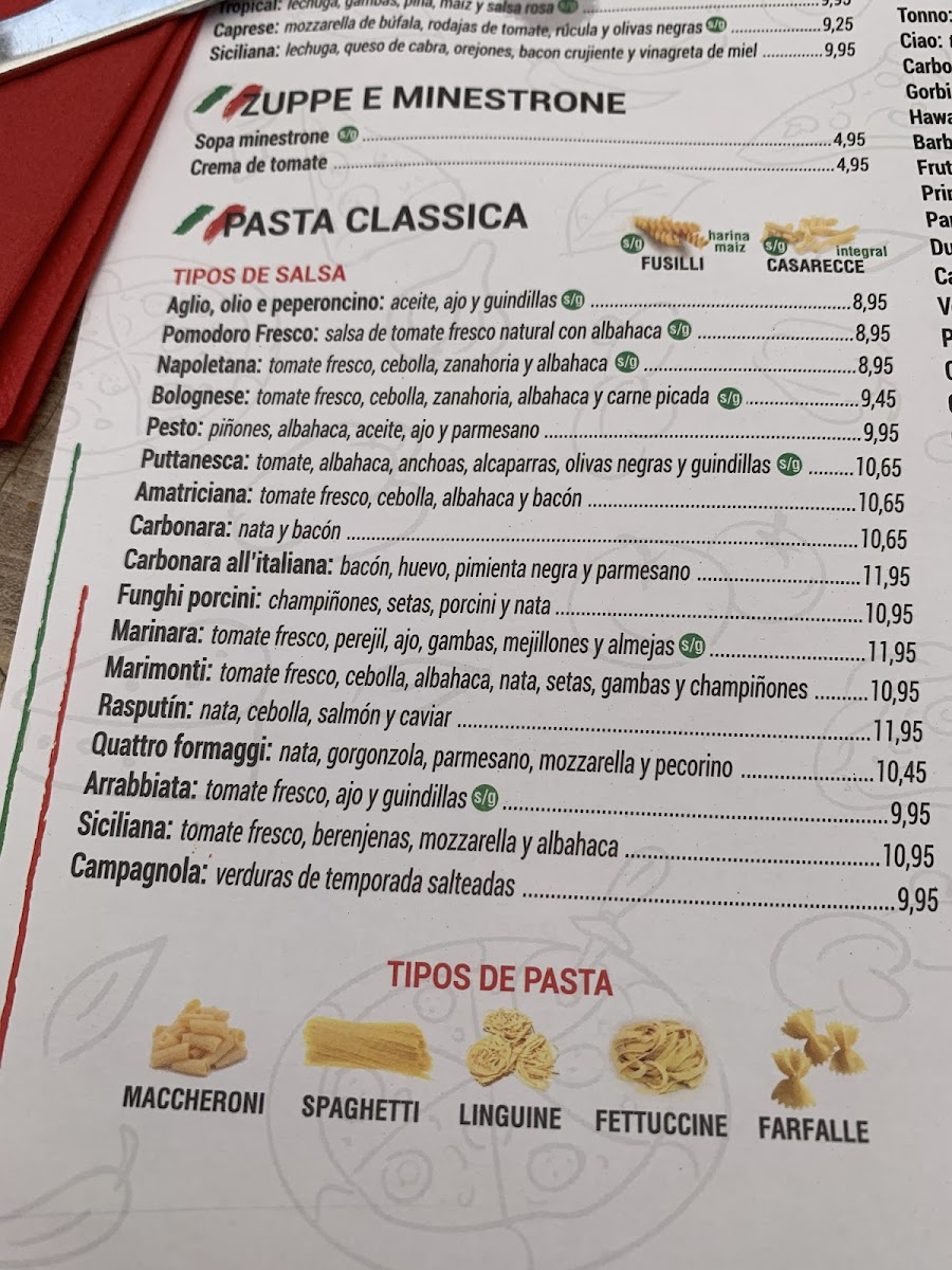 Restaurante Ciao gluten-free menu