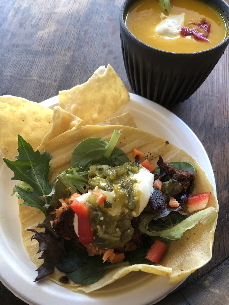 Chorizo Styled Soft Tacos with Pumpkin Soup