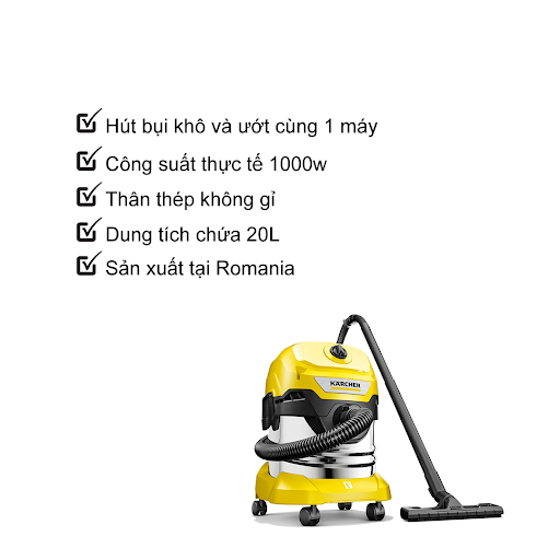 Máy hút bụi khô và ướt Karcher WD 4 S - Dung tích 20 lít - Thùng thép không gỉ - Bộ lọc xếp li thẳng - Công suất mạnh mẽ tiết kiệm điện - Bảo hành chính hãng 12 tháng - SX tại Romania