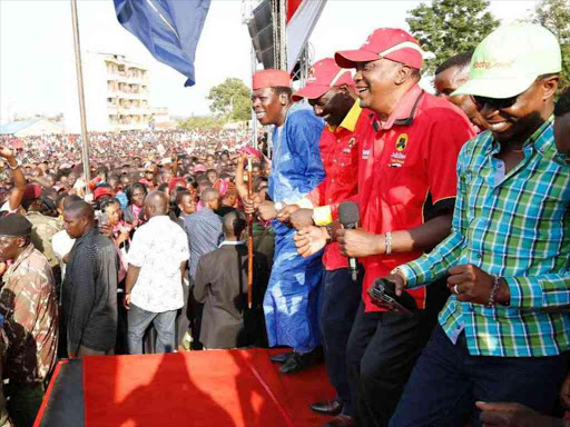 Water CS Eugene Wamalwa, DP William Ruto, President Uhuru Kenyatta and Budalang'i MP Ababu Namwamba during Jubilee Party's tour of Bungoma county, June 11, 2017. /CHARLES KIMANI