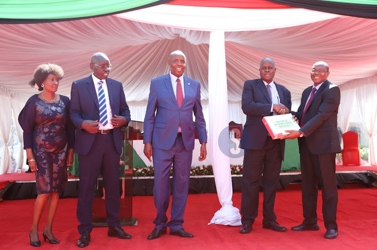 TSC CEO Nancy Macharia, Education PS Belio Kipsang, CS Ezekiel Machogu, KNEC council chairman Julius Nyabundi and KNEC CEO David Njengere during the official release of 2022 KCSE results at Mitihani House in Kilimani, Nairobi, on January 20, 2023.