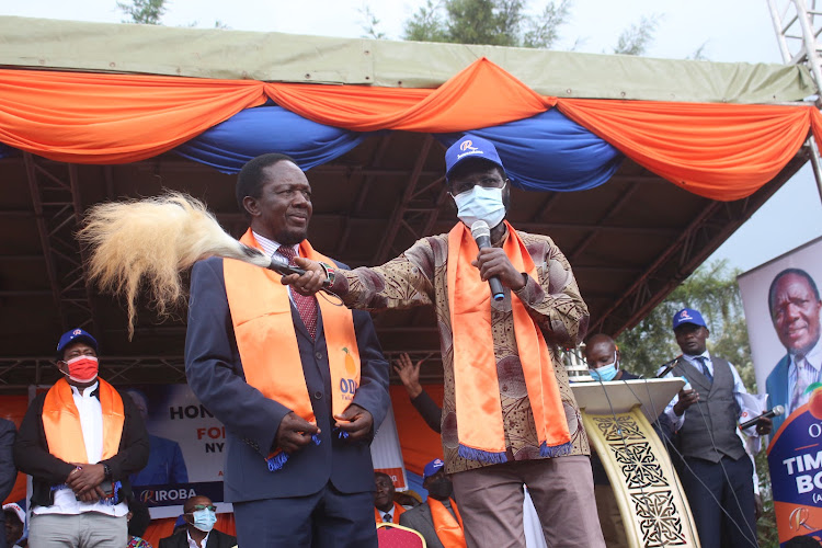 ODM national treasurer Timothy Bosire with Kisumu Governor Anyang Nyong'o at Viongozi Pastoral Centre