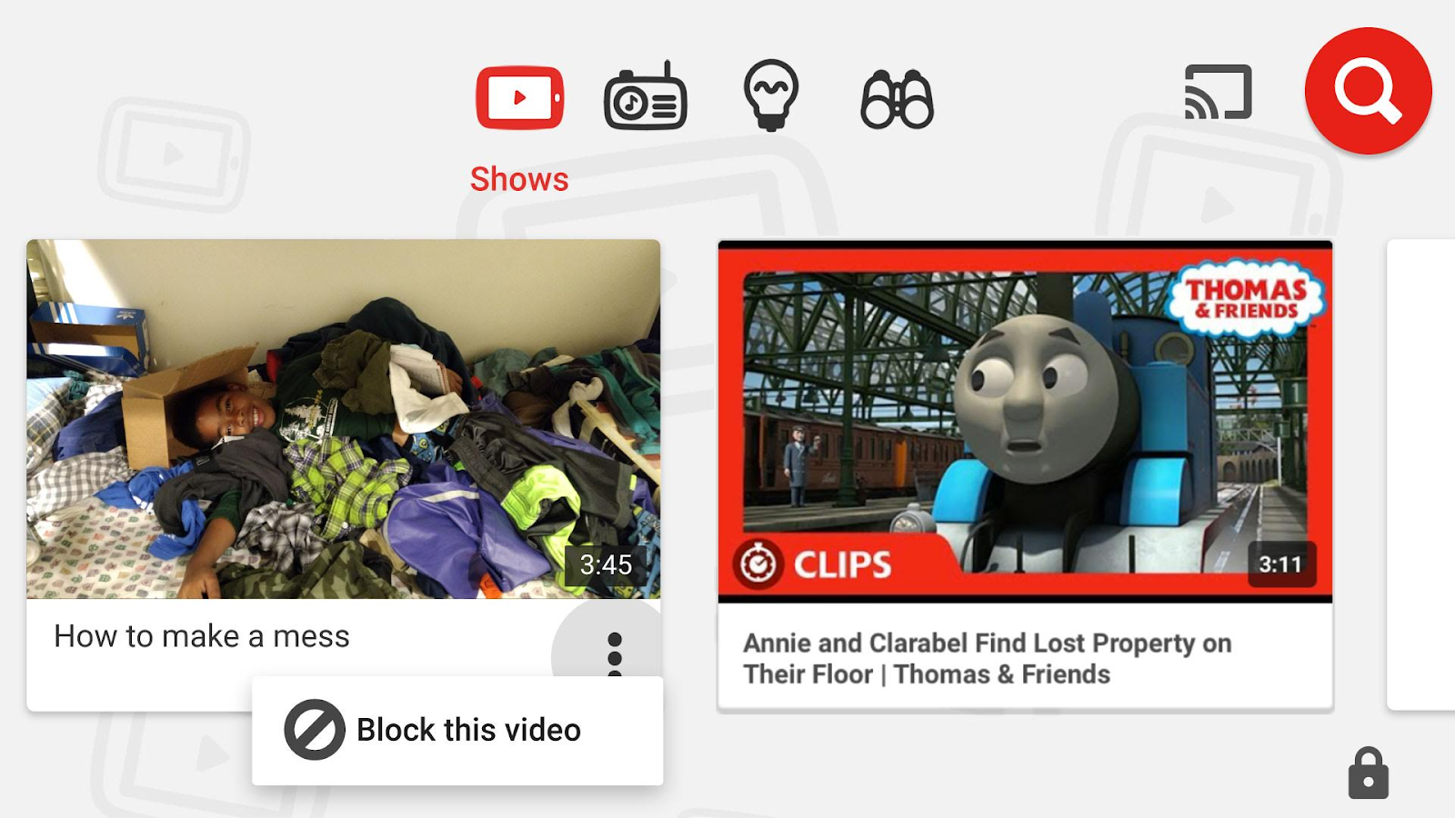 YouTube screen displaying how to block videos using the 3 dot menu next to any video or channel