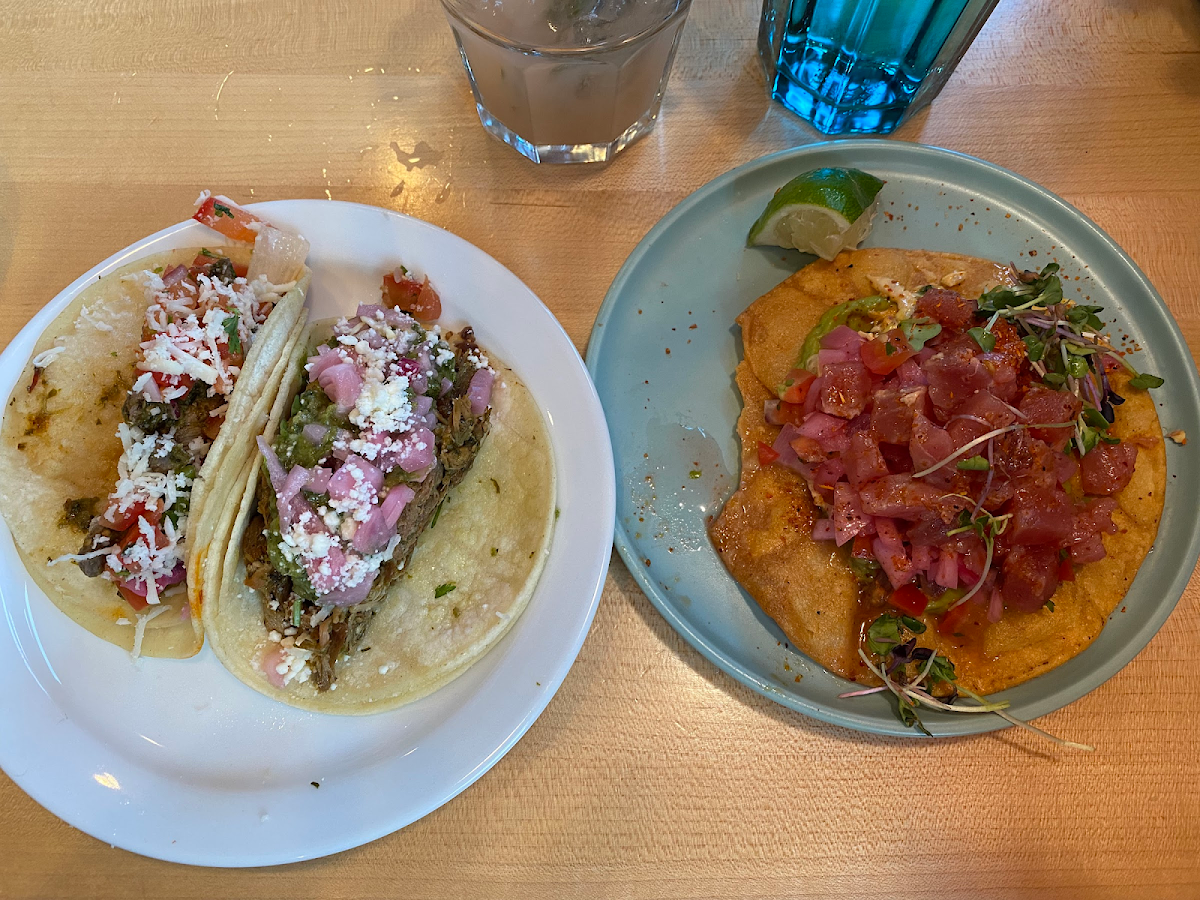 Carnita taco, carne asada taco, tuna crudo tostada