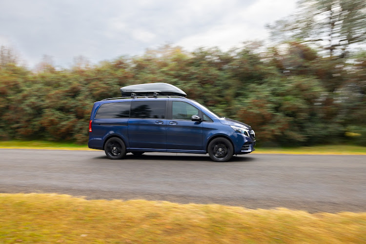 Standard AMG roof box gives the Mercedes-Benz V300d Special Edition extra luggage space.