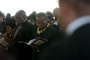 IFP leader Mangosuthu Buthelezi with President Cyril Ramaphosa at his wife Princess Irene Buthelezi's funeral in Ulundi on Friday