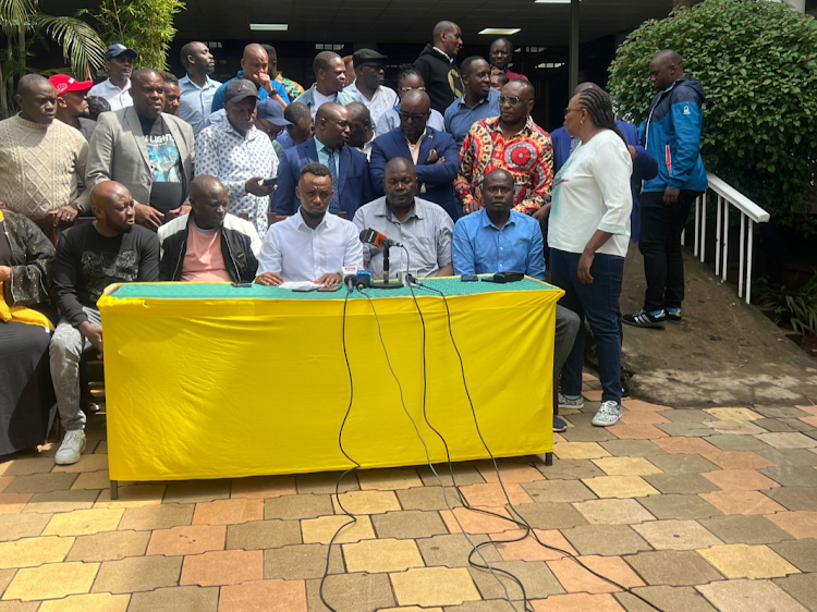 Nairobi Minority Whip Mark Mugambi flanked by other leaders addressing the press on April 12, 2024.