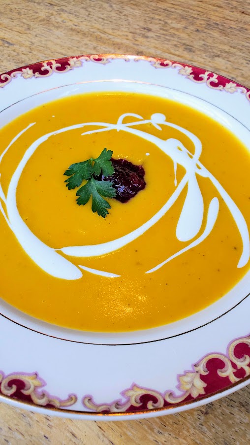 Portland Dining Month 2020 at Hairy Lobster: Roasted butternut squash bisque with cranberry, orange and shallot confit (vegetarian) (gluten free)