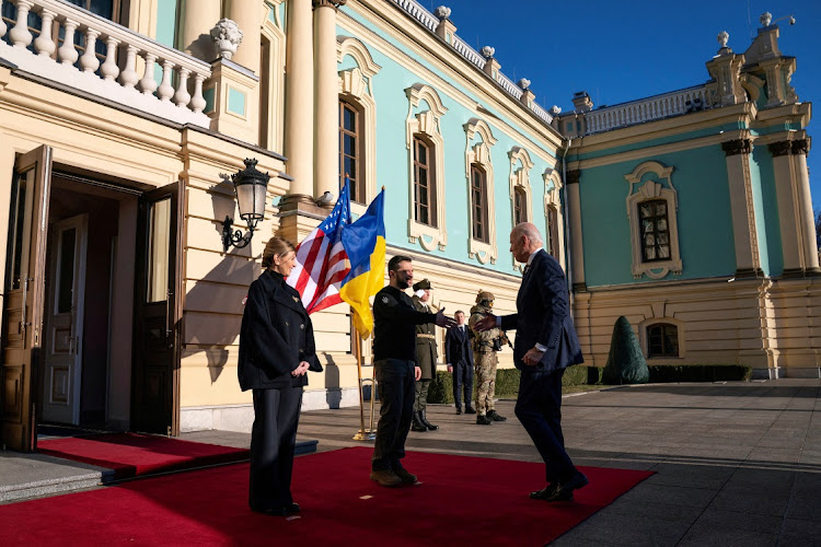 US President Joe Biden meets with Ukrainian President Volodymyr Zelensky at Mariinsky Palace on an unannounced visit, in Kyiv, Ukraine, on February 20 2023.