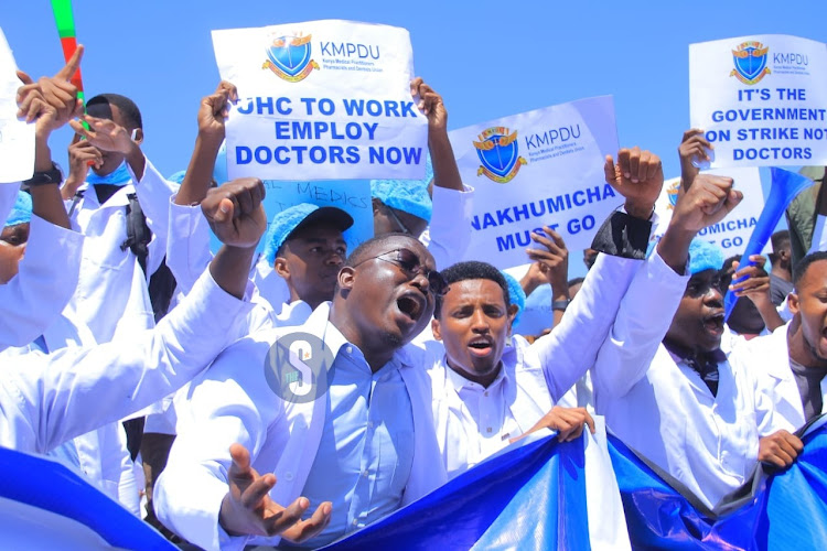 Doctors protesting along Ngong road to ministry of Health over the posting of interns on March 22, 2024.