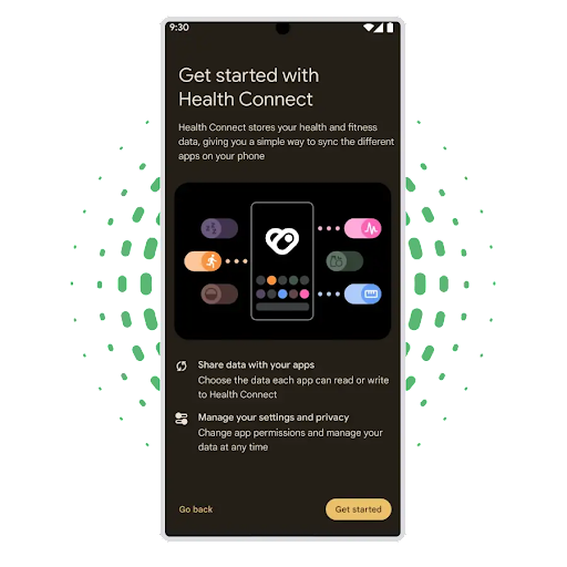 Layar setelan Android dengan “Mulai menggunakan Health Connect” terbuka, menampilkan detail tentang cara data kesehatan dapat dibagikan dan cara mengelola setelan dan privasi Anda.