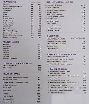 Corner House Ice Cream menu 