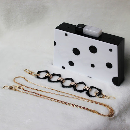 Title 5, Black and white polka dot clutch bag, dinner an...