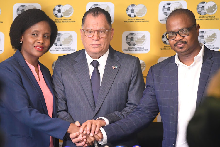 New Safa CEO Lydia Monyepao (left), Safa president Danny Jordaan and former CEO Tebogo Motlanthe during the conference at Safa House on May 8 2023.