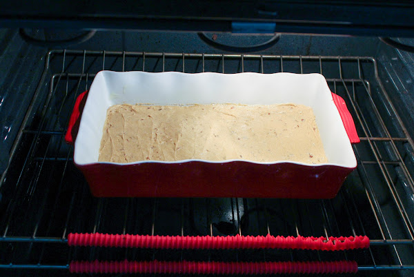 Batter poured into pan and baking in the oven.