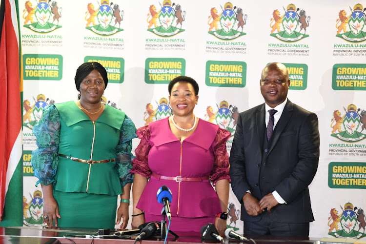 Premier Nomusa Dube-Ncube, centre, has shuffled her cabinet. Super Zuma, right, heads agriculture and rural development, which was previously under Bongi Sithole-Moloi, left, who moves to co-operative governance and traditional affairs.