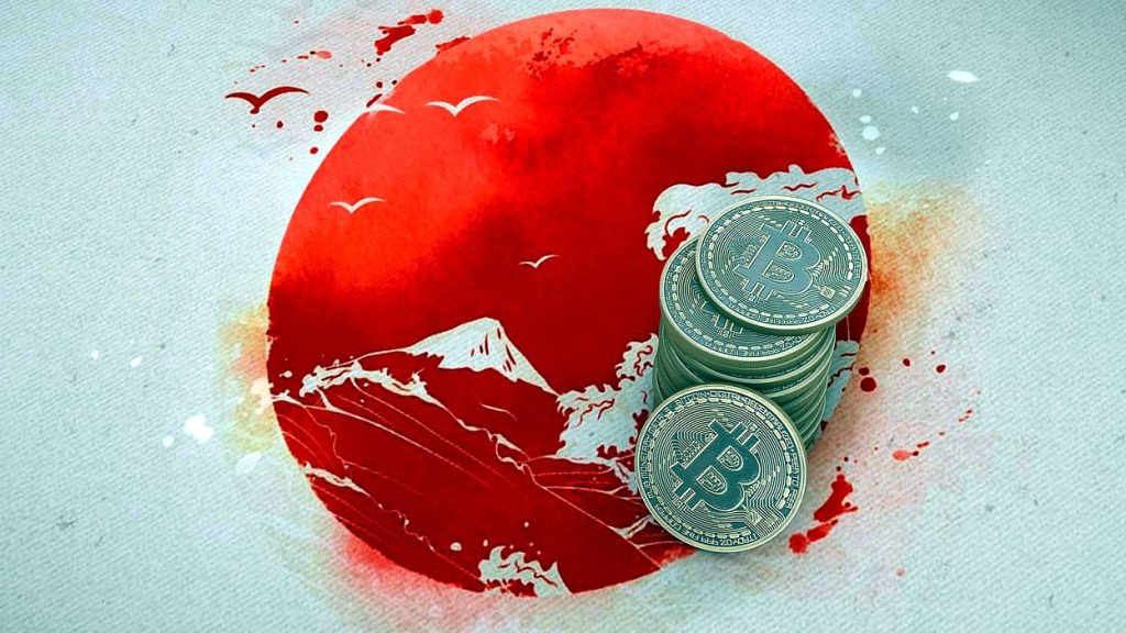 Japan flag with mountains and stacked Bitcoins on top. 