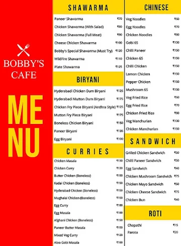 Bobby's Cafe menu 