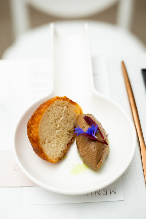 Magwinya, liver parfait and atchar gel.