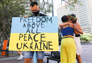 A group of Ukrainian citizens protest outside the Russian embassy in Cape Town on February 25 2022. They are calling for a stop to Russia's incursion into Ukraine. 