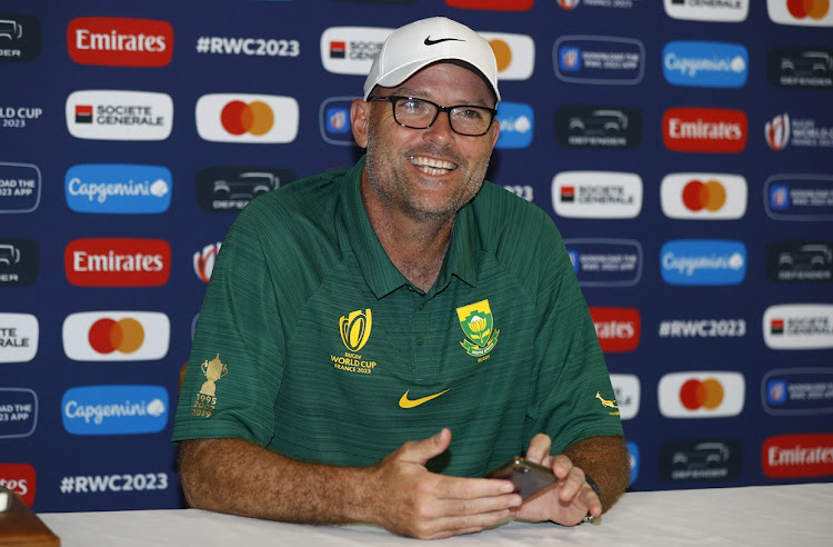 Jacques Nienaber during the Springbok team announcement at Grand Hotel des Sablettes Plage in Toulon on Tuesday.