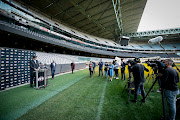 AFL CEO, Gillon McLachlan and Victorian Sports Minister Martin Pakula speak to the media during an AFL press conference at Marvel Stadium on August 31, 2021 in Melbourne, Australia.