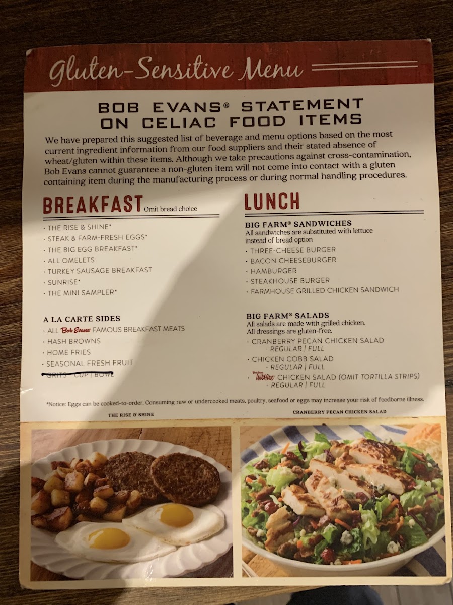 Bob Evans gluten-free menu