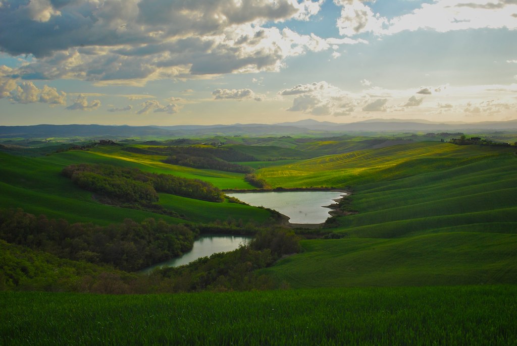 Morning classic landscape between Siena and Asciano, two lakes, seen from casa Menchiari