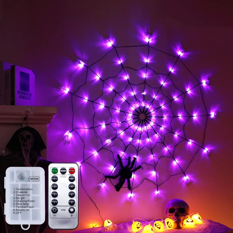 Luces de red LED de telaraña de Halloween 5V con control remoto y 8 modos. Decora tu fiesta, exterior o interior. Lámpara de ambiente festivo.
