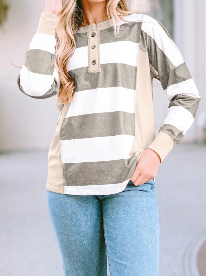 Jersey de color suelto informal a rayas estampado de manga larga para mujer