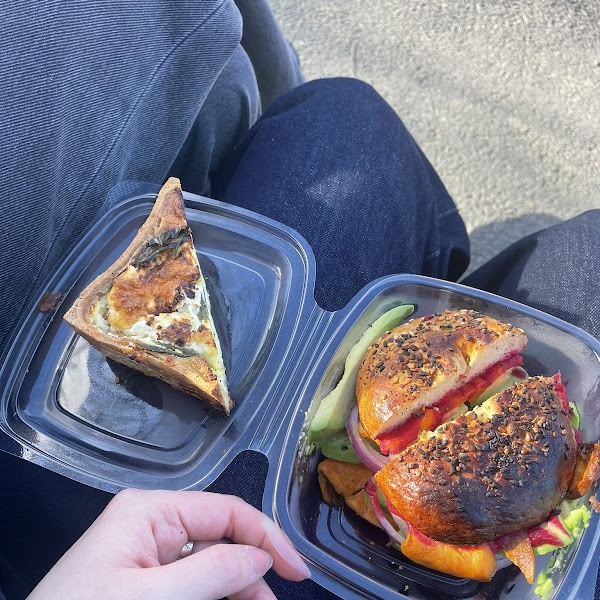 Veggie everything bagel (right) and my friends spinach and feta quiche (left)