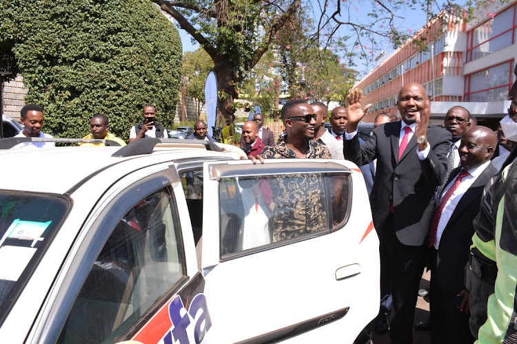 Trade, Investments, and Industry CS Moses Kuria during the launch of the SHOWFA, a taxi hailing App at the Boulevard Hotel on February 20, 2023/ CHARLENE MALWA