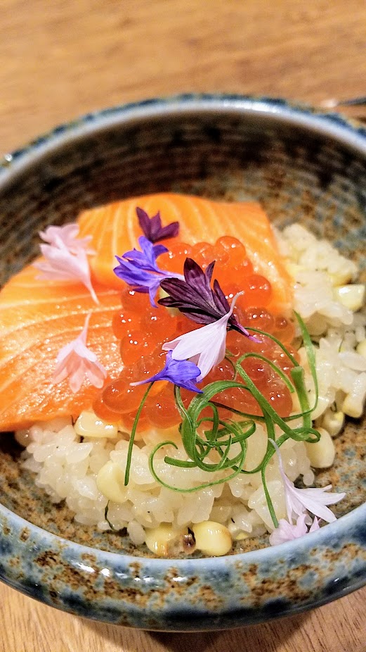 Nodoguro Twin Peaks themed dinner. The next three were served almost together, Pickles of fennel and cucumber with pickled yuzu skin and cucumber and radish; A rice dish with toasted corn mixed in the rice rice with sea Urchin and mushroom and salmon and some salmon roe cured with sea salt and dashi; and Miso soup