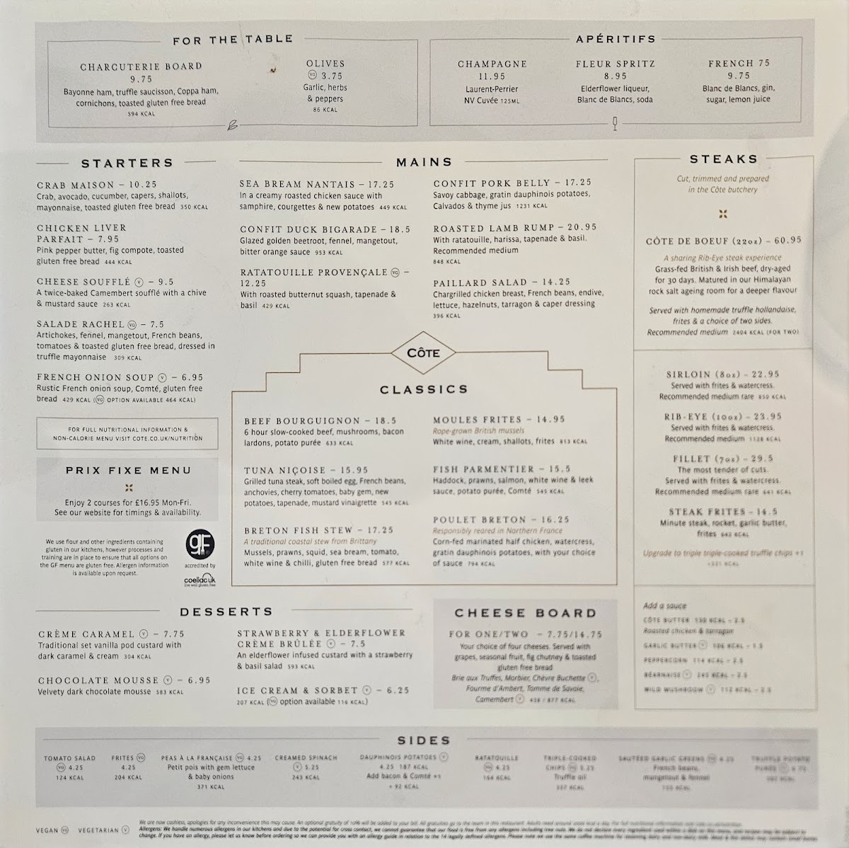 Cote Brasserie gluten-free menu