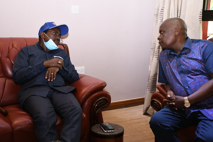 Wiper leader Kalonzo Musyoka with Borabu MP Ben Momanyi at the legislator's residence in Nyansiongo on February 17 2022.