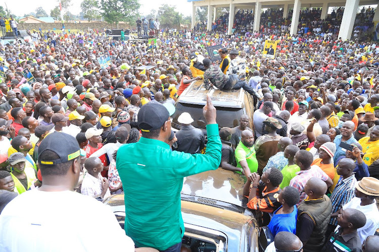 Ford Kenya leader Moses Wetangula addressing the crowd during Kenya Kwanza campaigns in Nandi and Bungoma counties on Friday July 29,2022.