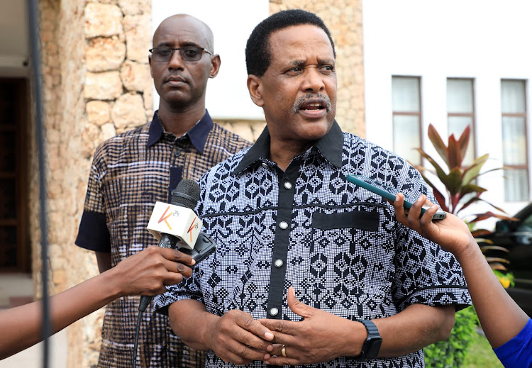 EACC Commissioner Colonel (Rtd) Alfred Mshimba with the Commission's Director of Ethics John Lolkoloi addressing the press during the Mombasa County Secretaries workshop on 22 March 2023.
