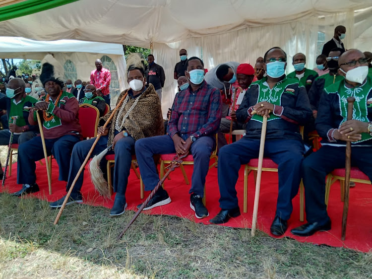 Speaker Justin Muturi, Agriculture CS Peter Munya with Njuri Ncheke elders during the speaker's installation on March 6, 2021.