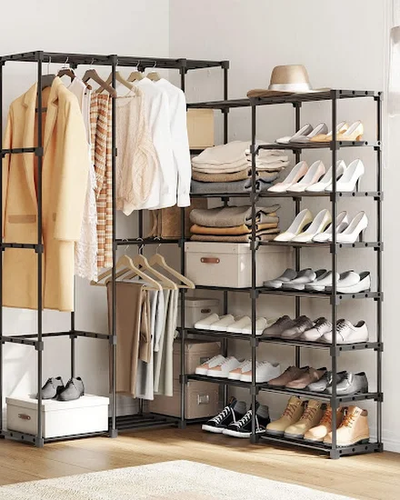Portable Closet Wardrobe Clothes Rack with Shelves Freest... - 3