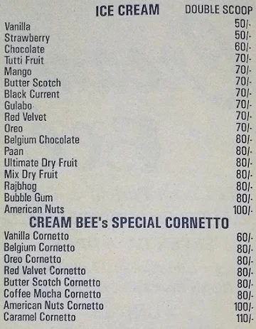 Cream Bee menu 