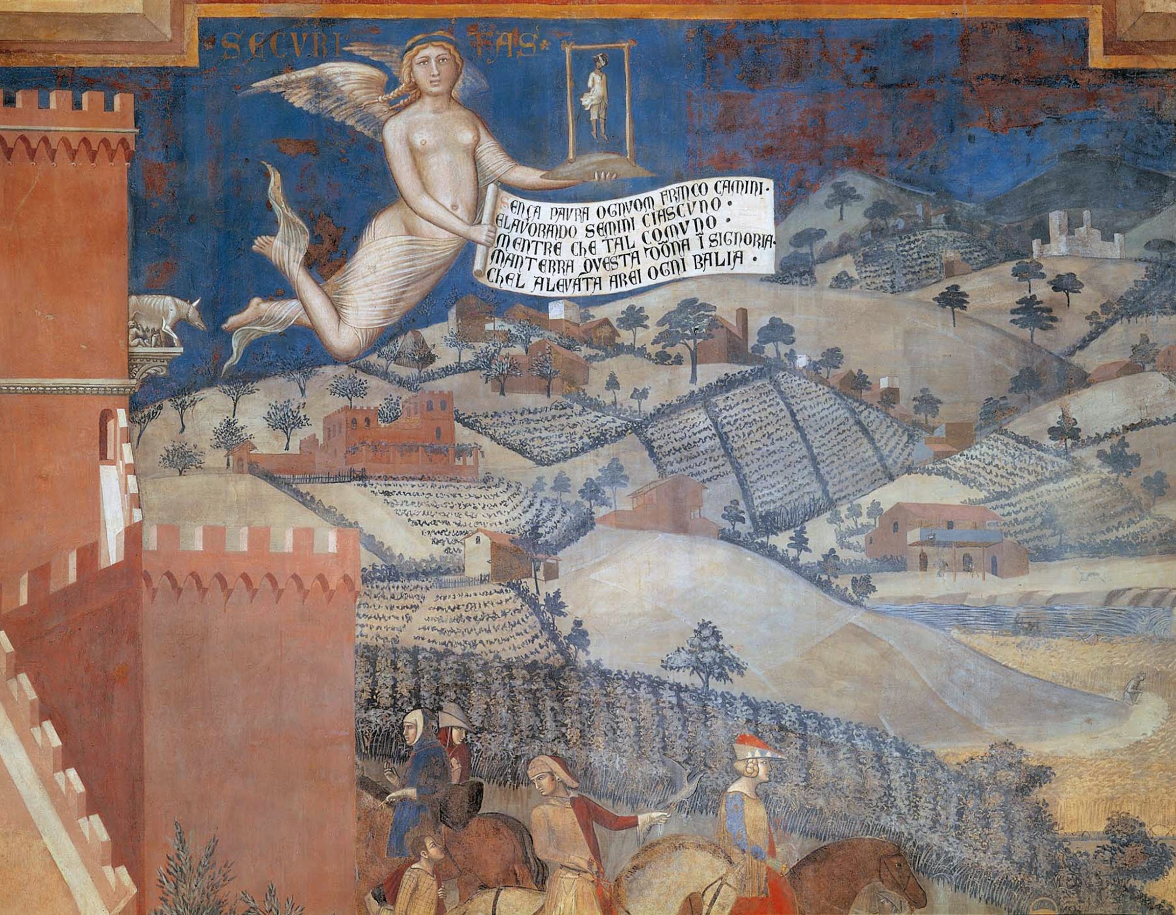 Ambrogio Lorenzetti, Effetti del Buon Governo in campagna, (dettaglio della Sicurezza, con il suo confortante cartiglio), Palazzo Pubblico, Siena