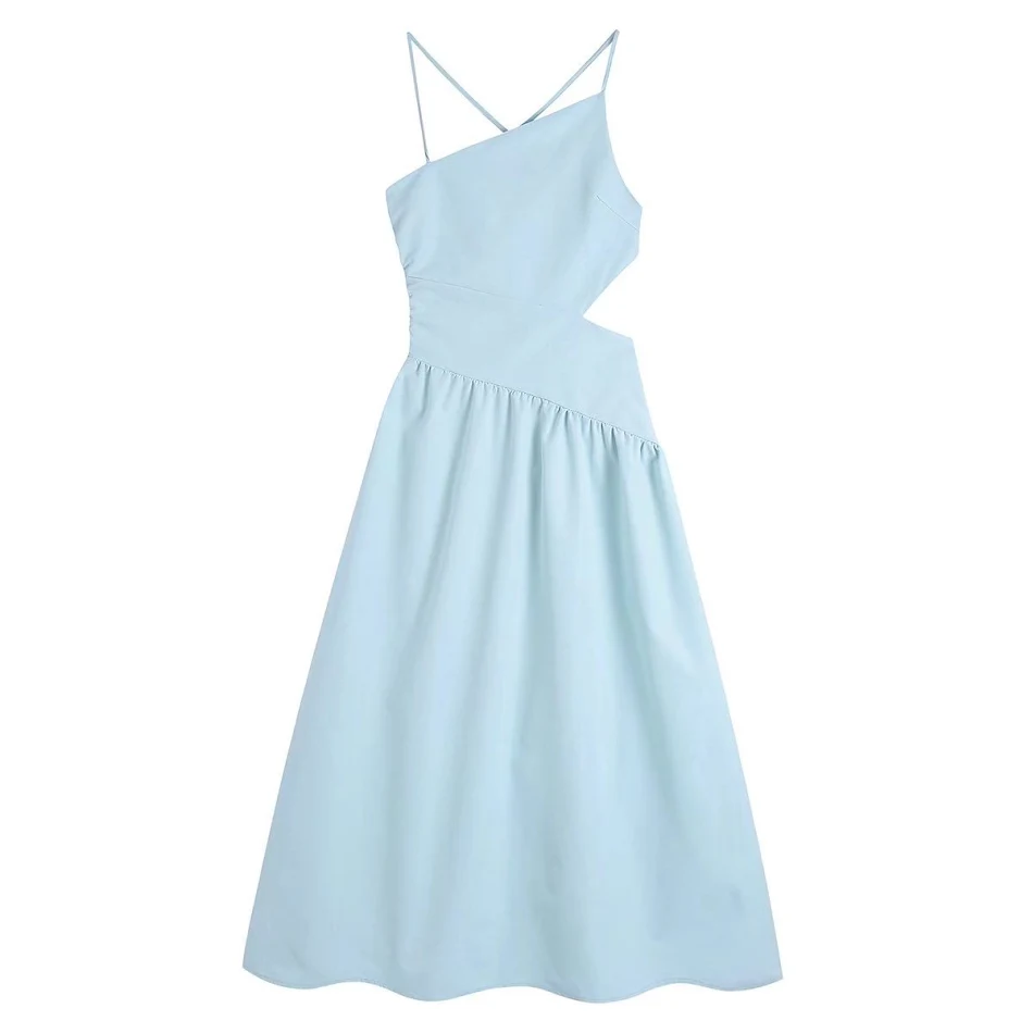 Abito da donna midi a vita alta con spalline sottili, perfetto per un look elegante e confortevole, ideale per l'estate e serate speciali.